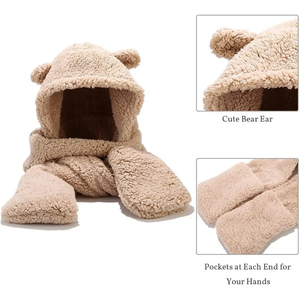Unisex Beige Winter Bear Ear Sherpa Hood Hat Scarf Gloves 3 in1 100% Polyester